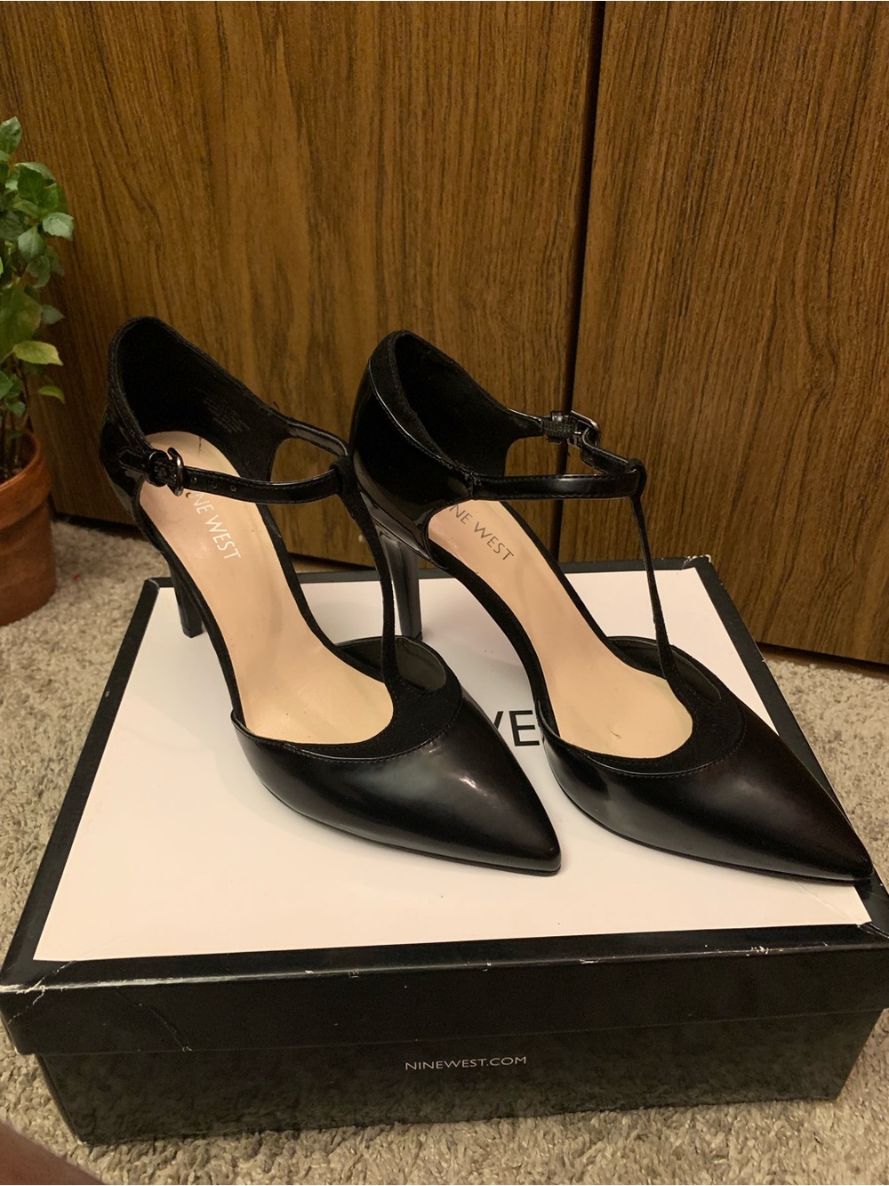 Nine West Black T-Strap Pointed Pumps
